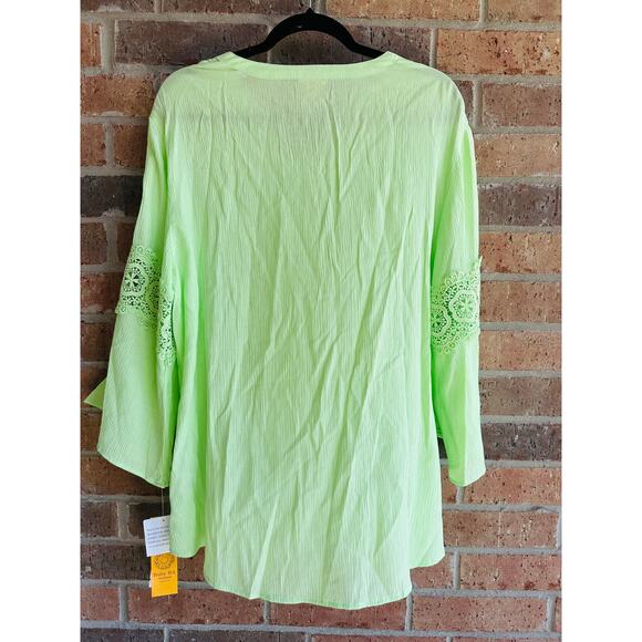 Ruby Rd. Womens Green Solid Bali Lace Spilt V-Neck 3/4 Sleeve Blouse Size 1X NWT - Picture 2 of 5